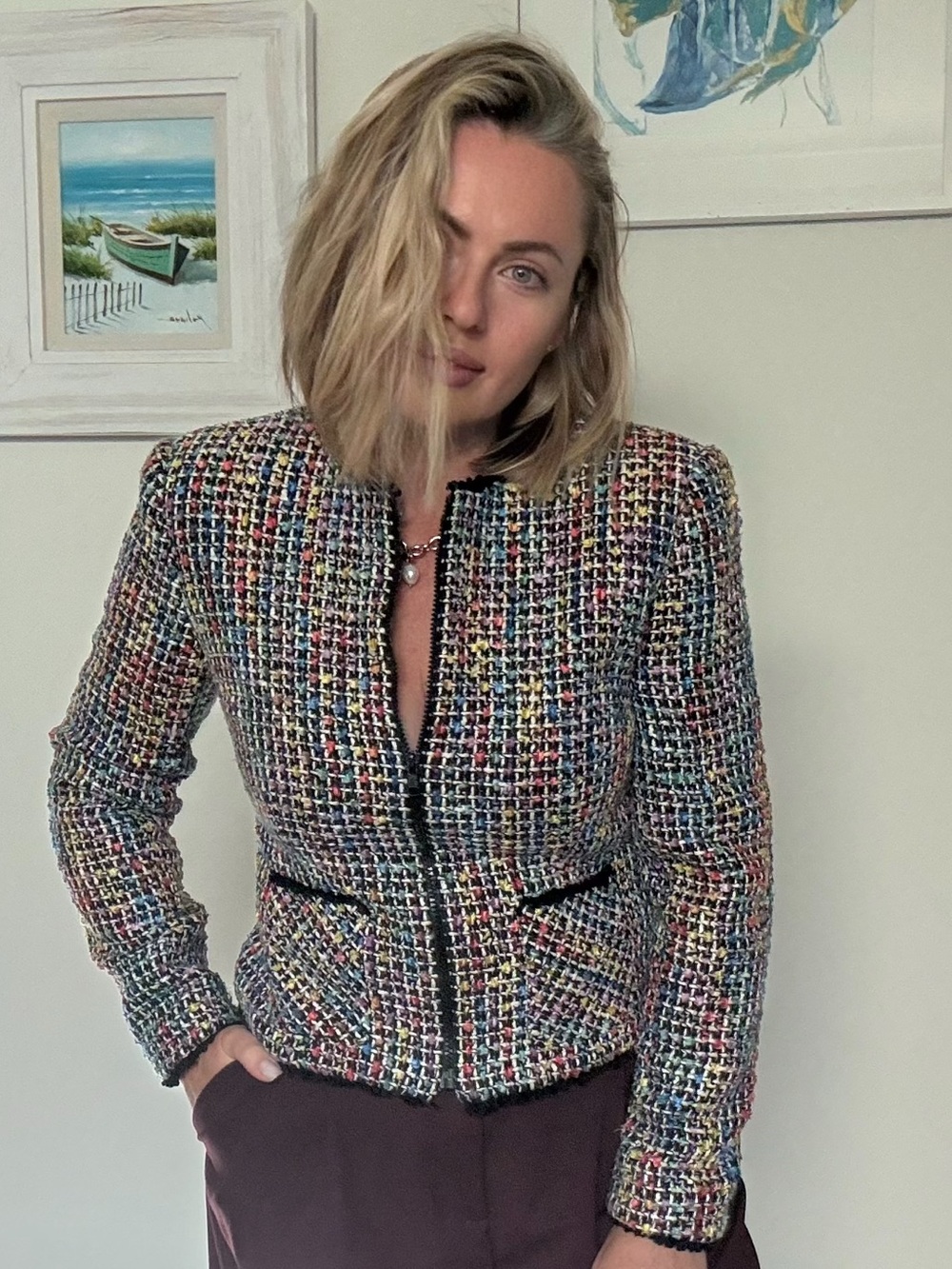 Vintage Anthracite Tweed Jacket Women Size 6 Multicolor Chanel Style Blazer